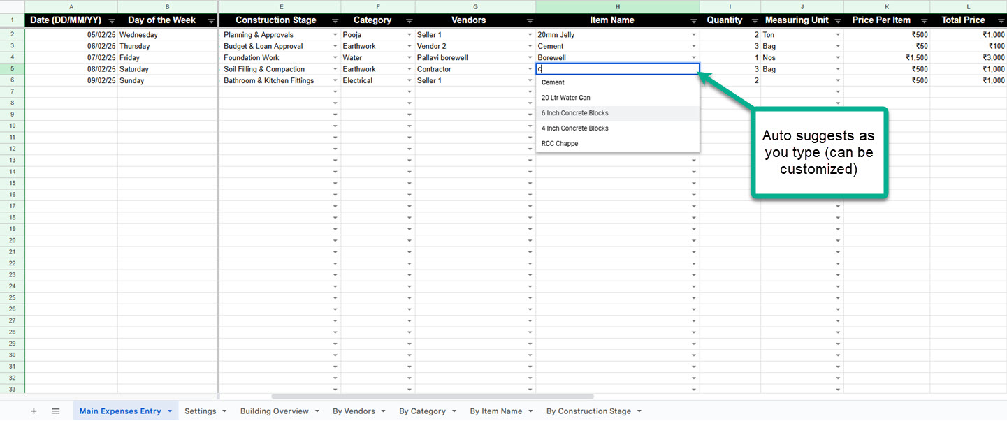 House Construction Expenses Tracking Google Sheet for Indian Users